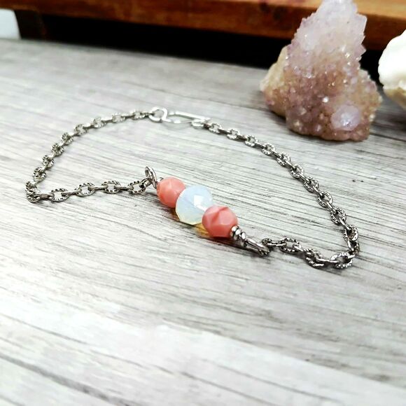 Czech Glass Beaded Anklet Bracelet, Pink Beaded Jewelry, 8" - Picture 2 of 4